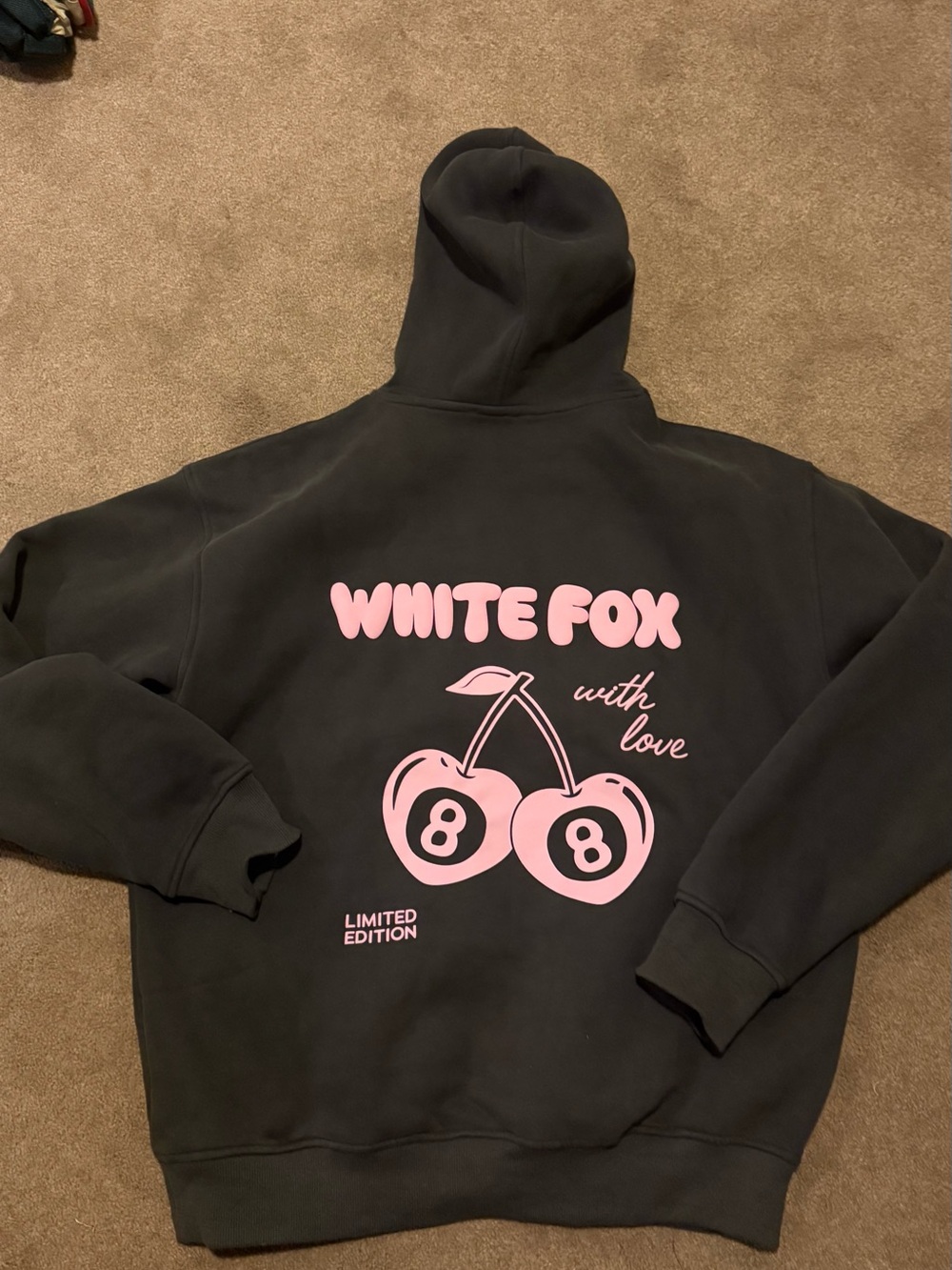 White Fox Boutique Black Hoodie with Pink Cherry Graphic